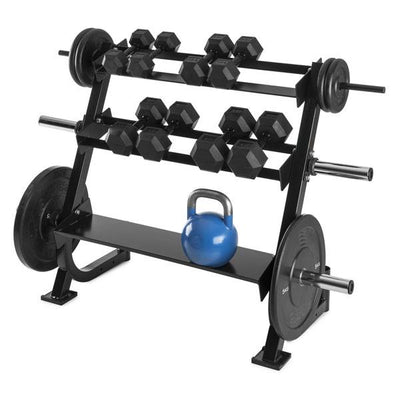 All in One 3 tier rack for dumbbell kettlebbell weight bar