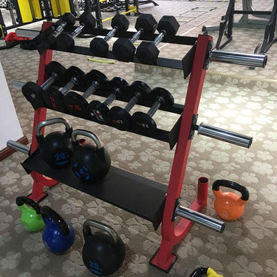 All in One 3 tier rack for dumbbell kettlebbell weight bar