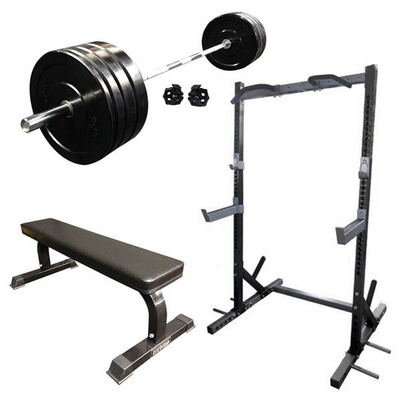 Package Deal - Half Rack, Flat Bench, 20kg Olympic Bar, 100kg Budget Black Bumper Plate Set (PACKAGE PRICE)