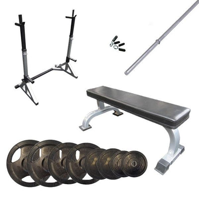 Package Deal 18 - Adjustable squat rack  Flat bench and 77kg Barbell Set (Package price)